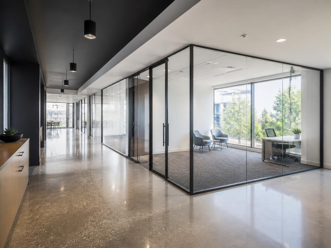Modern office interior with freshly painted white walls and dark accents