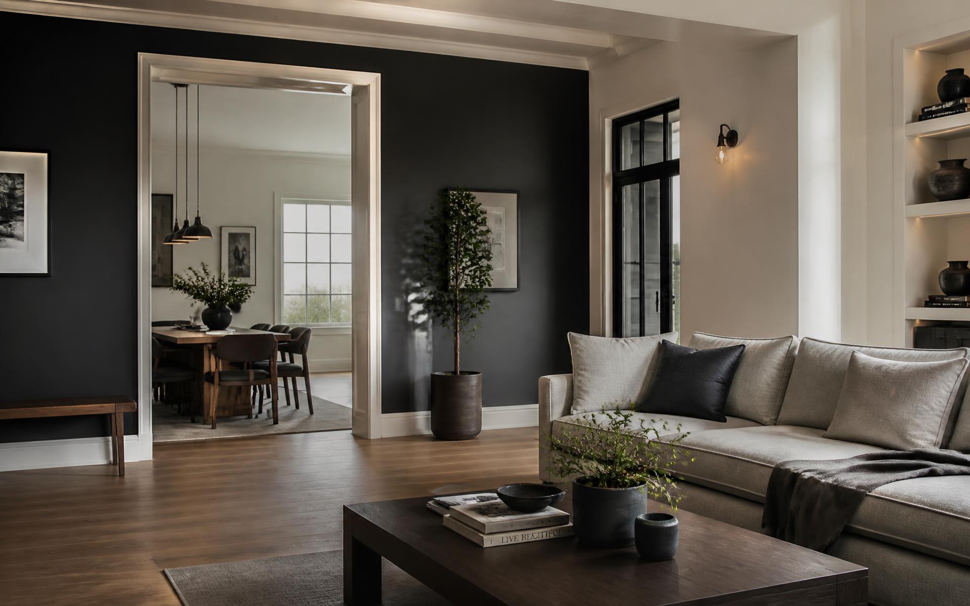Modern living room interior with freshly painted charcoal and off-white walls