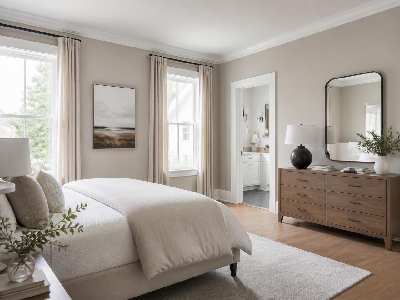Freshly painted bedroom with greige walls and crisp white trim